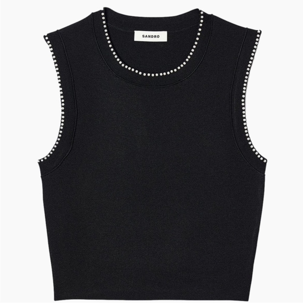 NWT Sandro Gild Faux Pearl Embellished Sleeveless Knit Tank Top Black  Sz/ 0 - Picture 4 of 12
